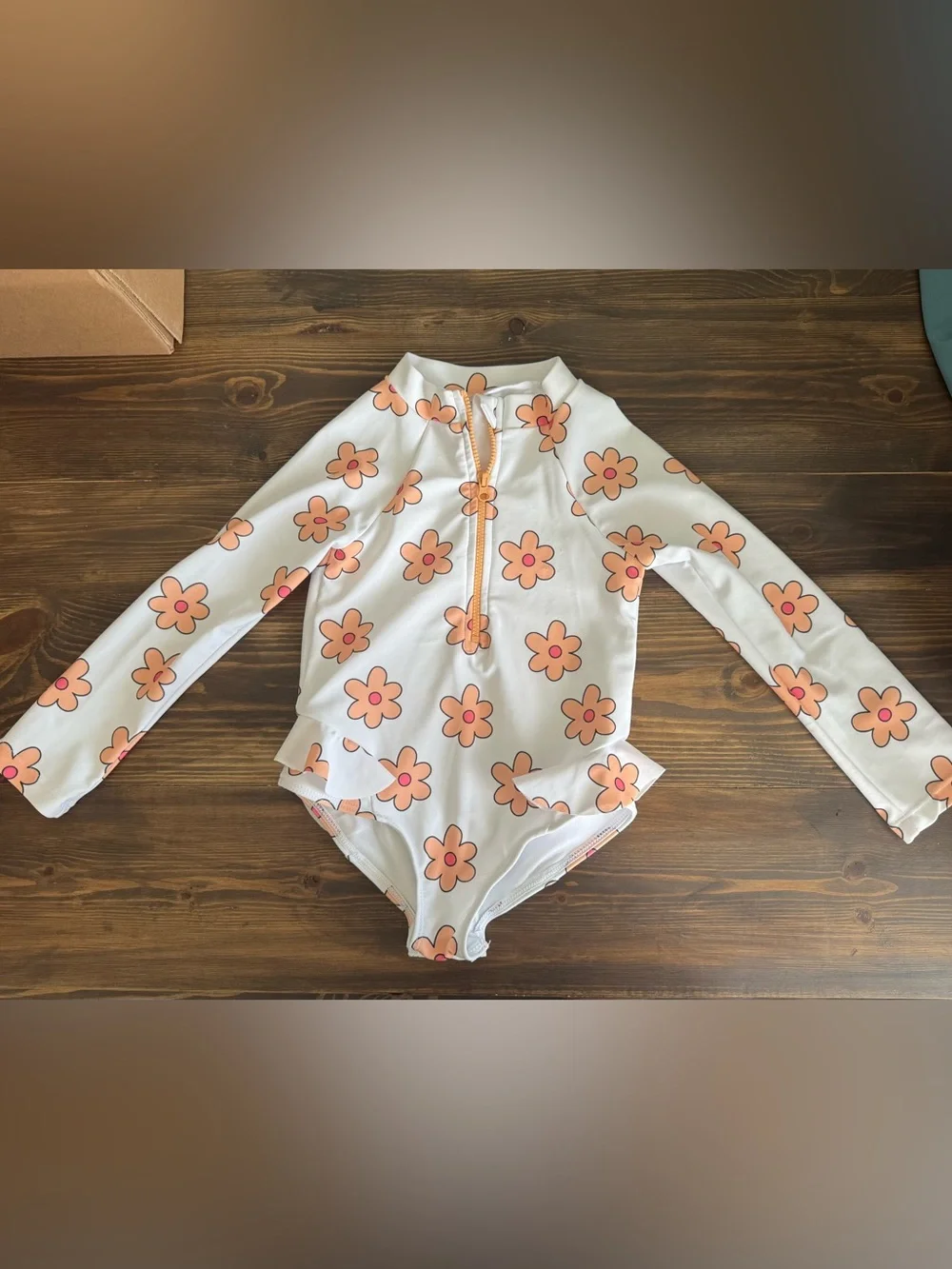 Jessica Simpson White Long-Sleeve Kids One-Piece with Peach Floral Print